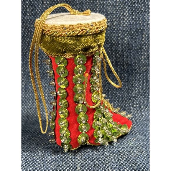 Vintage push pin Sequin Elf Boot Ornament 3.5” Handmade Christmas Holiday - Picture 3 of 8